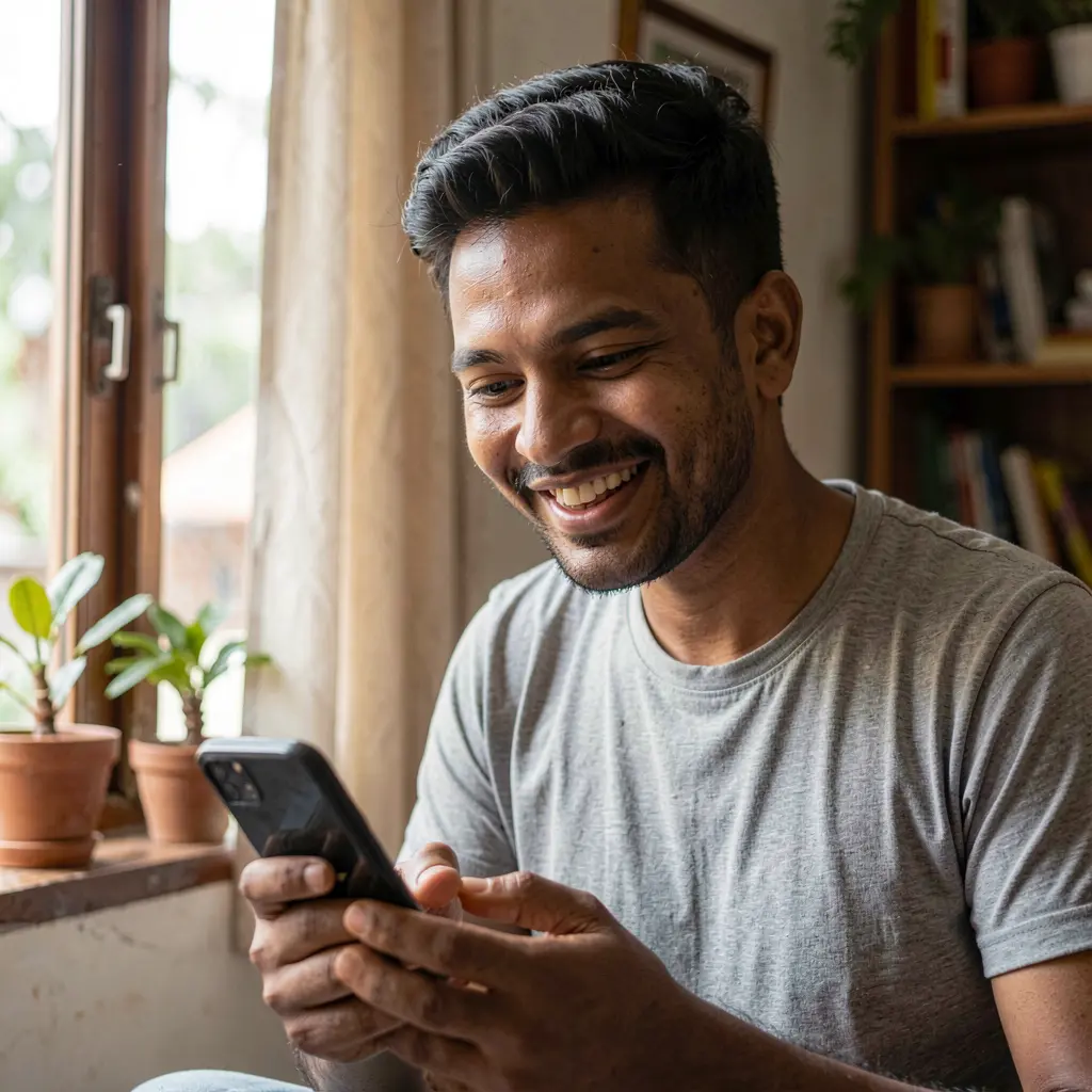 Young Bangladeshi man smiling while using the 9S999 casino app on his smartphone near a bright window