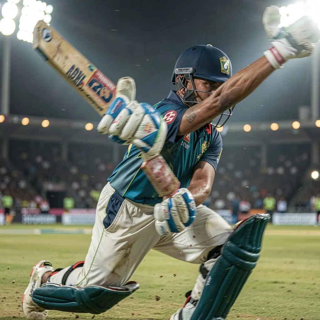 Dynamic cricket action shot with a batsman in motion and stadium lights highlighting the excitement of live matches on 9S999
