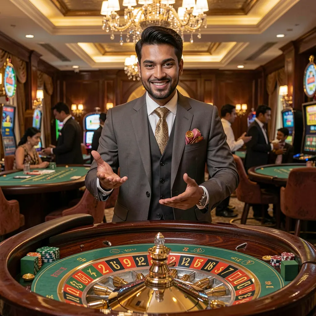 Confident live casino presenter standing at a roulette table in a luxurious gaming hall highlighting the immersive live casino atmosphere at 9S999 for Bangladeshi players