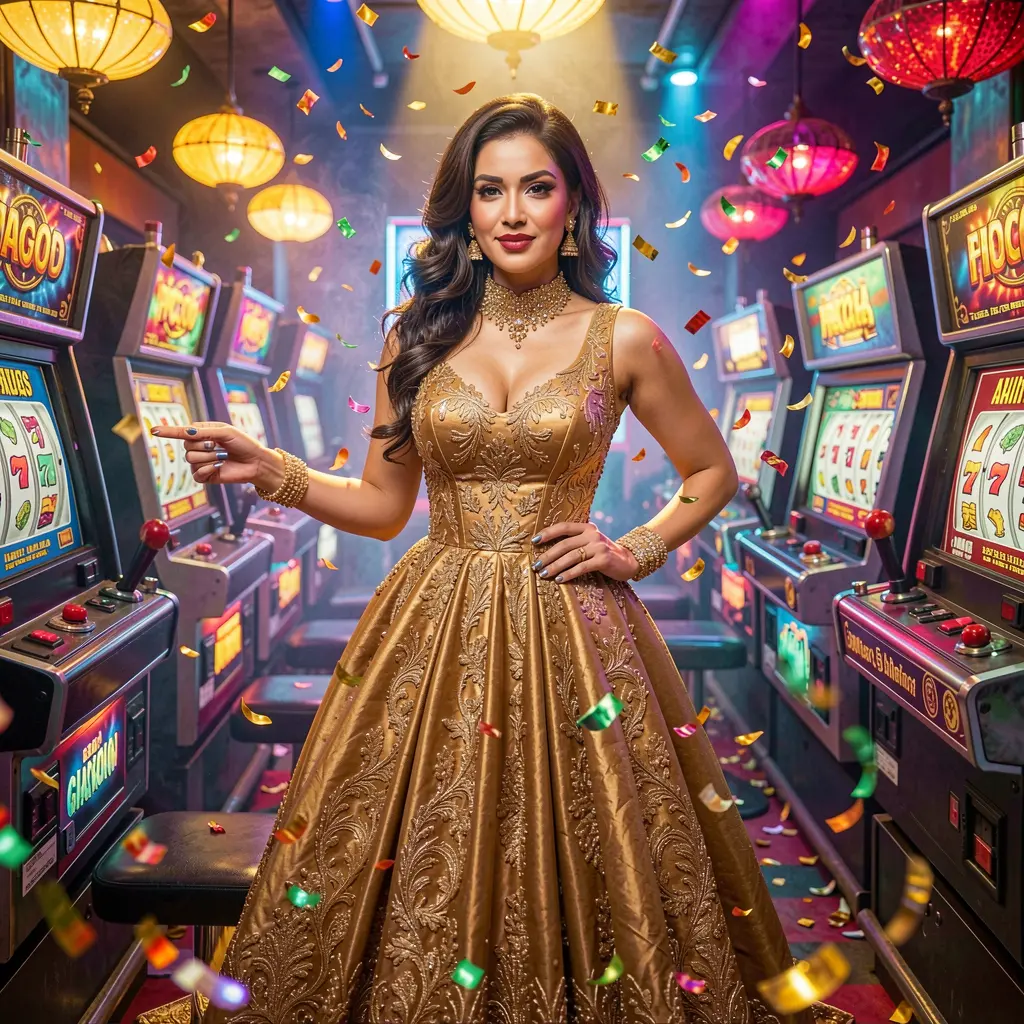 Elegant woman in a golden dress enjoying luxury slot machines in a vibrant casino atmosphere at 9S999 online casino for players in Bangladesh